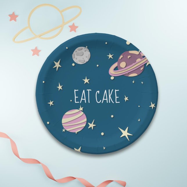 Blue Pink Eat Cake Space Yellow Stars Paper Plates (Creator Uploaded)