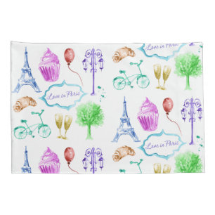 Blue Pink Eiffel Tower Paris Watercolor Art Pillow Case