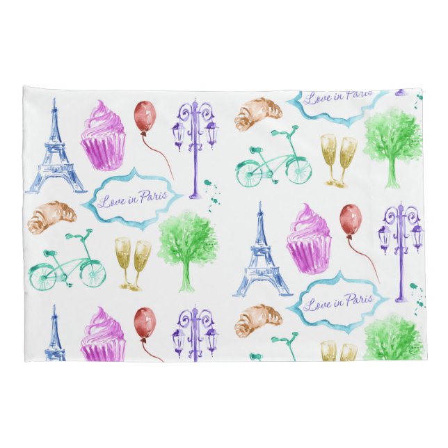 Blue Pink Eiffel Tower Paris Watercolor Art Pillow Case (Back-Right)