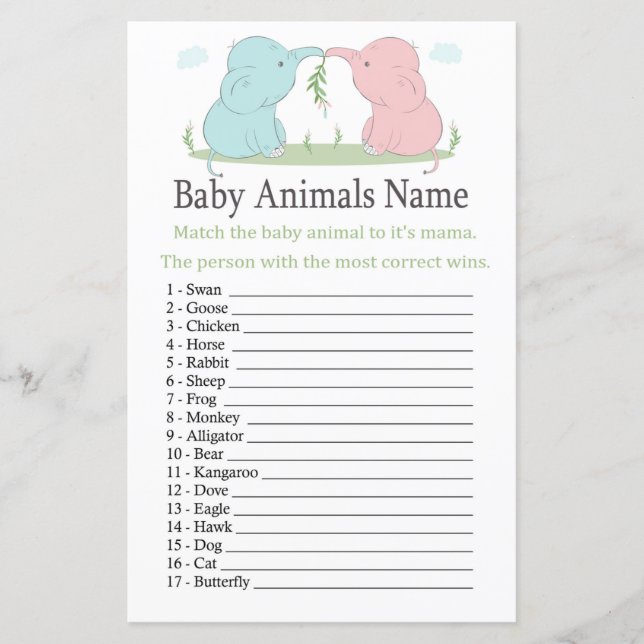 Blue Pink Elephant Baby Animals Name Game (Front)