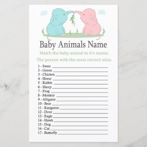 Blue Pink Elephant Baby Animals Name Game