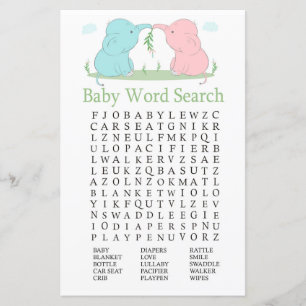 Blue Pink Elephant Baby Shower Word Search Game