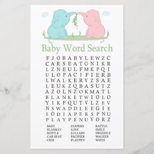 Blue Pink Elephant Baby Shower Word Search Game