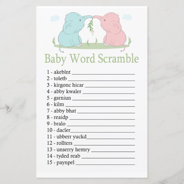 Blue Pink Elephant Baby word scramble game (Front)