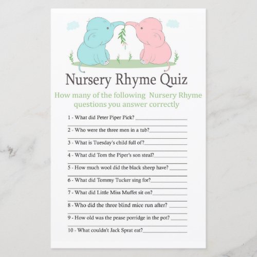 Blue Pink Elephant Nursery Rhyme Quiz baby shower 