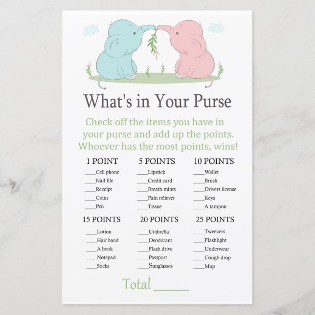 Blue Pink Elephant What's in your purse game (Front)