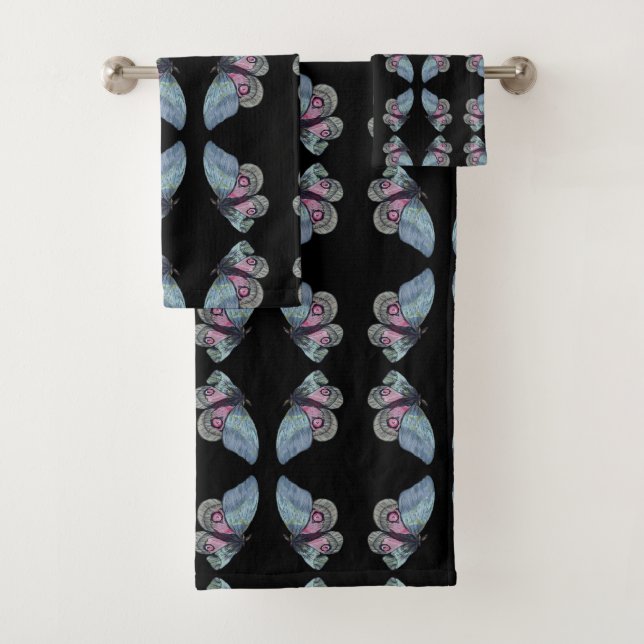 Blue Pink Exotic Butterflies Pattern Bath Towel Set (Insitu)