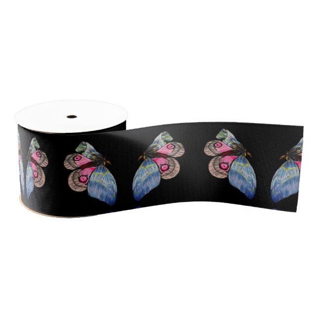 Blue Pink Exotic Butterflies Pattern Grosgrain Ribbon (Spool)