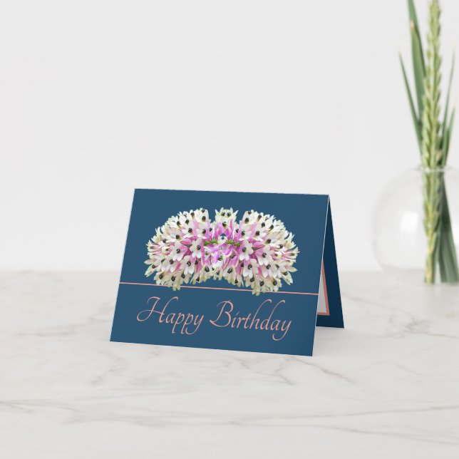 Blue Pink Exotic White Orchid Bouquet Birthday Card (Front)