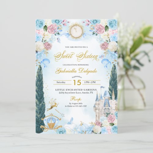 Blue  Pink Fairytale Cinderella Princess Sweet 16 Invitation