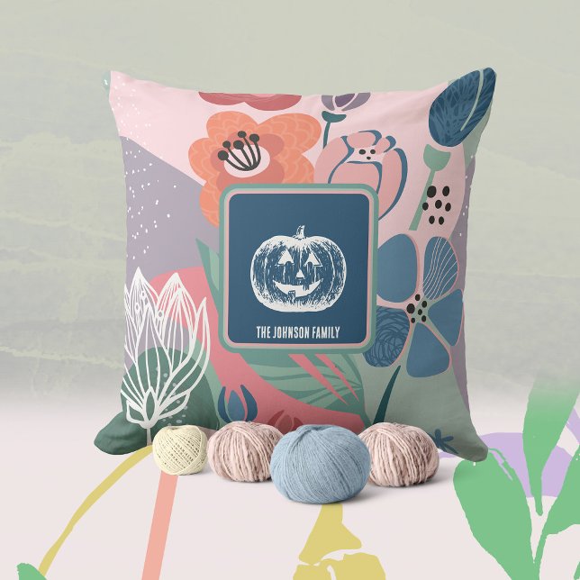 Blue Pink Fall Floral Pumpkin Throw Pillow (Blue Pink Fall Pumpkin Floral Throw Pillow ©Susanne Sachers - Sunny Mind Design 🌞)