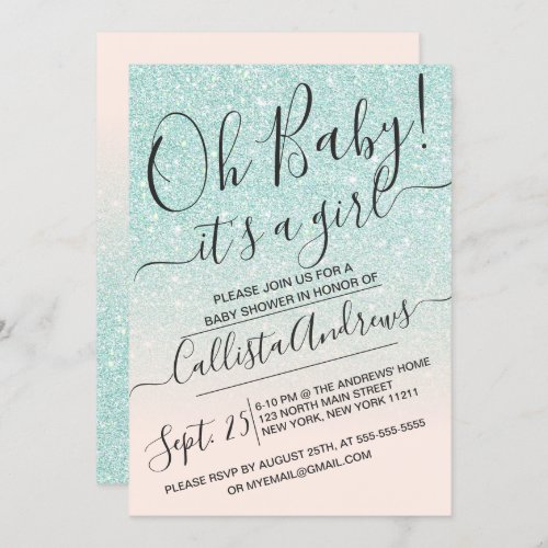 Blue Pink Faux Sparkly Glitter Ombre Baby Shower Invitation