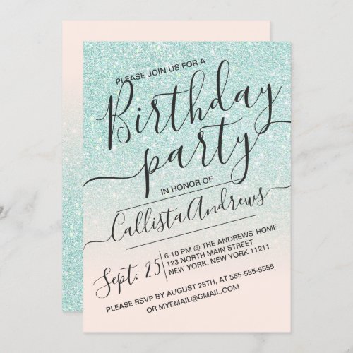 Blue Pink Faux Sparkly Glitter Ombre Birthday Invitation
