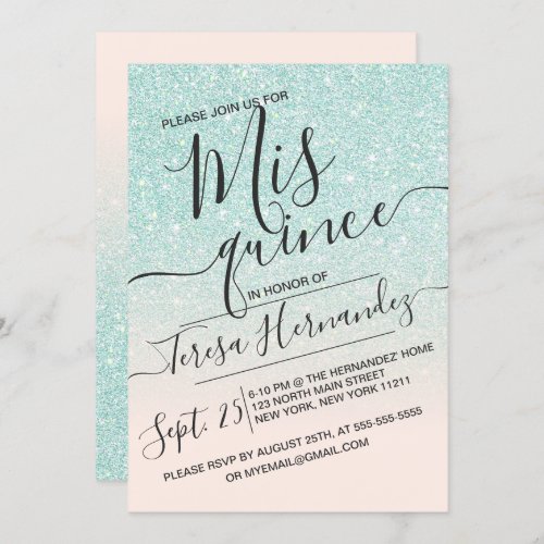 Blue Pink Faux Sparkly Glitter Ombre Quinceaera Invitation