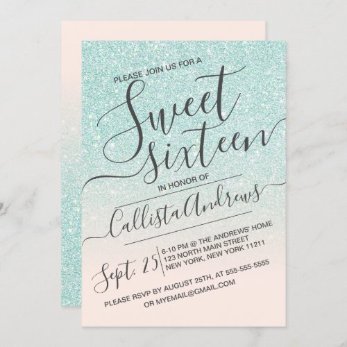Blue Pink Faux Sparkly Glitter Ombre Sweet 16 Invitation