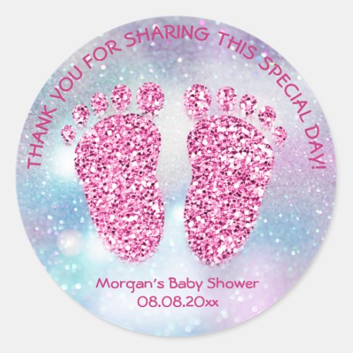 Blue Pink Feet Baby Shower Favor Thank Girl Classic Round Sticker