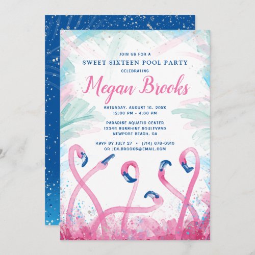 Blue Pink Flamingo Pool Party Sweet 16 Birthday Invitation