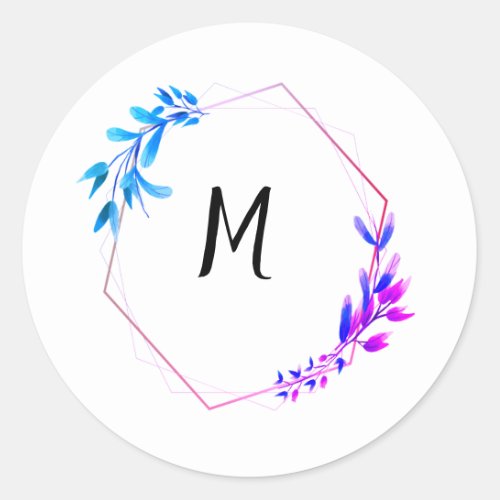 blue pink floral abstract circle monogram  classic round sticker