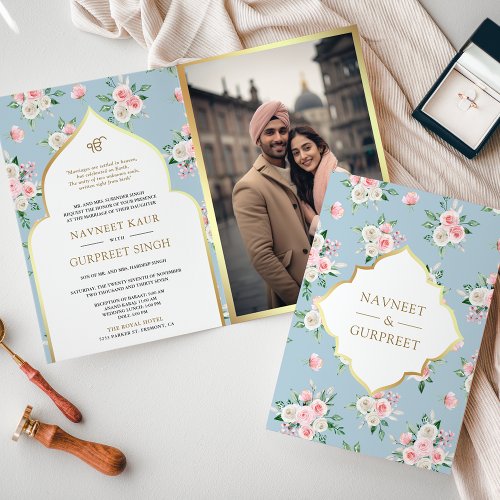 Blue Pink Floral All in One Anand Karaj Wedding Invitation