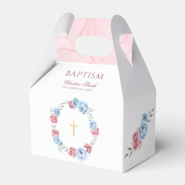 Blue Pink Floral Baby Baptism Christening Favor Boxes (Front Side)