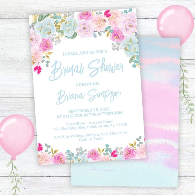 Blue Pink Floral Bridal Shower  Invitation (Creator Uploaded)