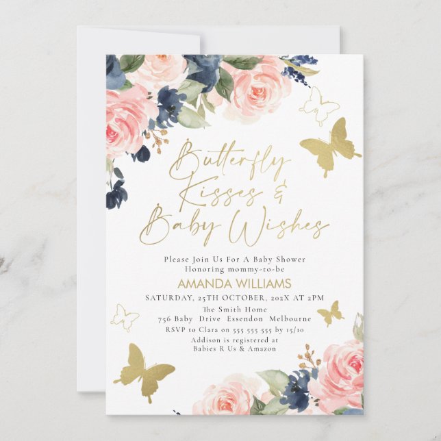 Blue Pink Floral Butterfly Kisses Baby Shower  Invitation (Front)