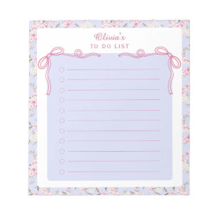 Blue Pink Floral Coquette Bow Custom To Do List Notepad