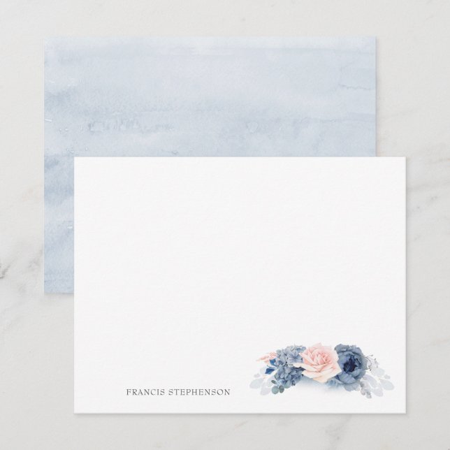 Blue Pink Floral Elegant Full Name or Couple Names Note Card (Front/Back)