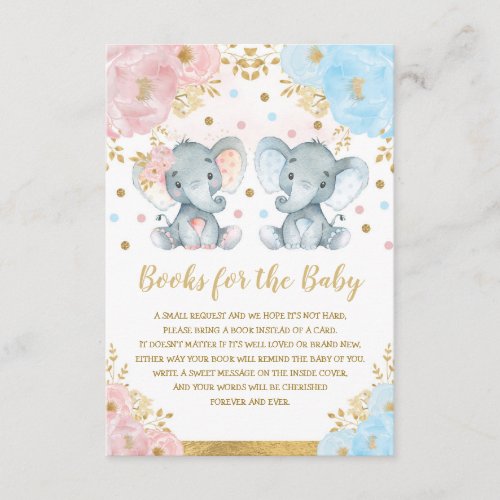 Blue Pink Floral Elephant Twins Books for Baby Enclosure Card