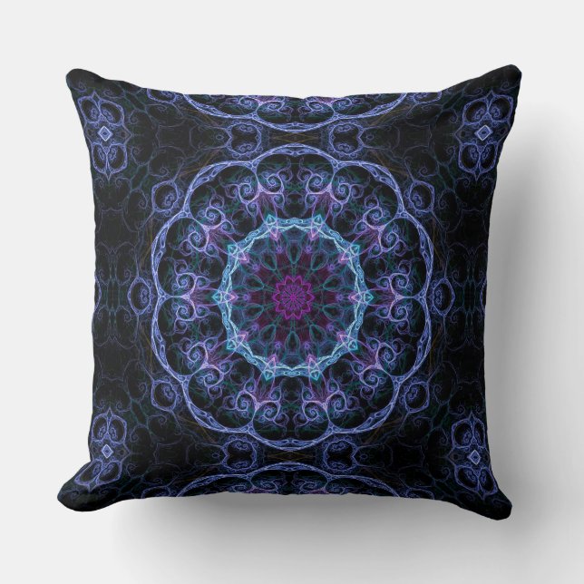 Blue & Pink Floral Fractal Pattern Throw Pillow (Front)