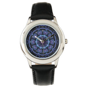 Blue & Pink Floral Fractal Pattern Wrist Watch