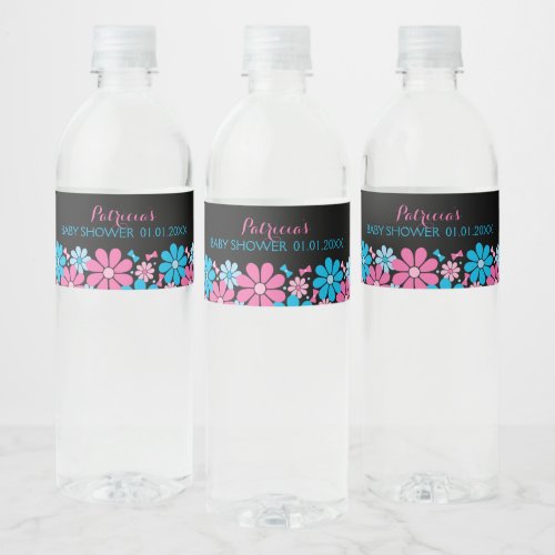 Blue  Pink Floral Gender Reveal Baby Shower Water Bottle Label