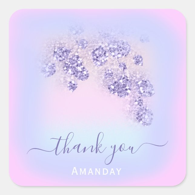 Blue Pink Floral Glitter SWEET16TH Holograph Square Sticker (Front)