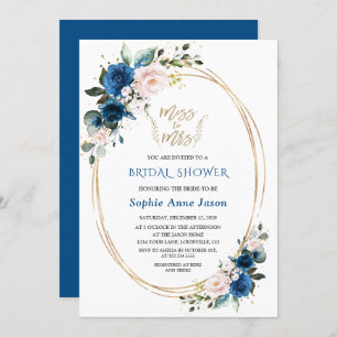 Blue Pink Floral Gold Miss To Mrs Bridal Shower Invitation