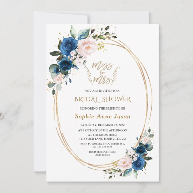 Blue Pink Floral Gold Miss To Mrs Bridal Shower Invitation (Front)