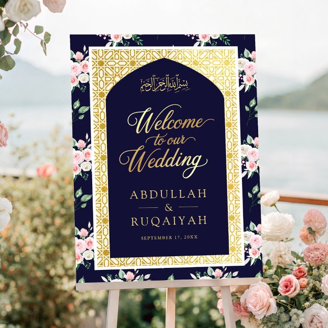 Blue Pink Floral Gold Muslim Wedding Welcome Sign (Creator Uploaded)