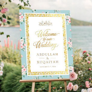 Blue Pink Floral Gold Muslim Wedding Welcome Sign