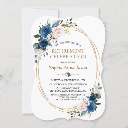 Blue Pink Floral Gold Retirement Celebration Invitation