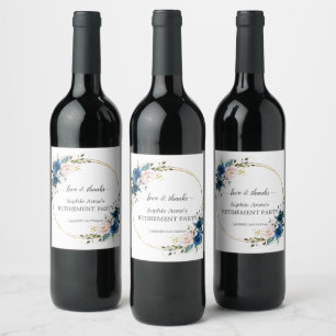 Blue Pink Floral Gold Retirement Celebration Wine Label