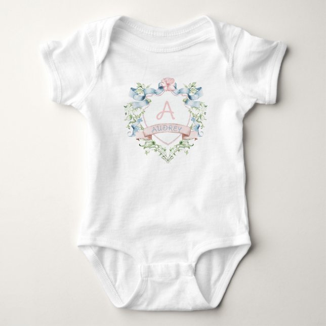Blue & Pink Floral Grandmillennial Monogram Crest  Baby Bodysuit (Front)