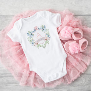 Blue & Pink Floral Grandmillennial Monogram Crest Baby Bodysuit