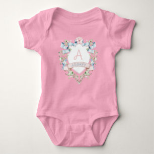 Blue & Pink Floral Grandmillennial Monogram Crest Baby Bodysuit