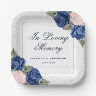 Blue Pink Floral In Loving Memory Funeral Memorial Paper Plates