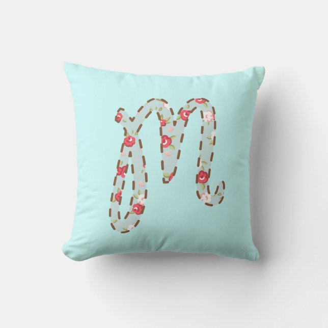 Blue Pink Floral Letter M Throw Pillow (Front)