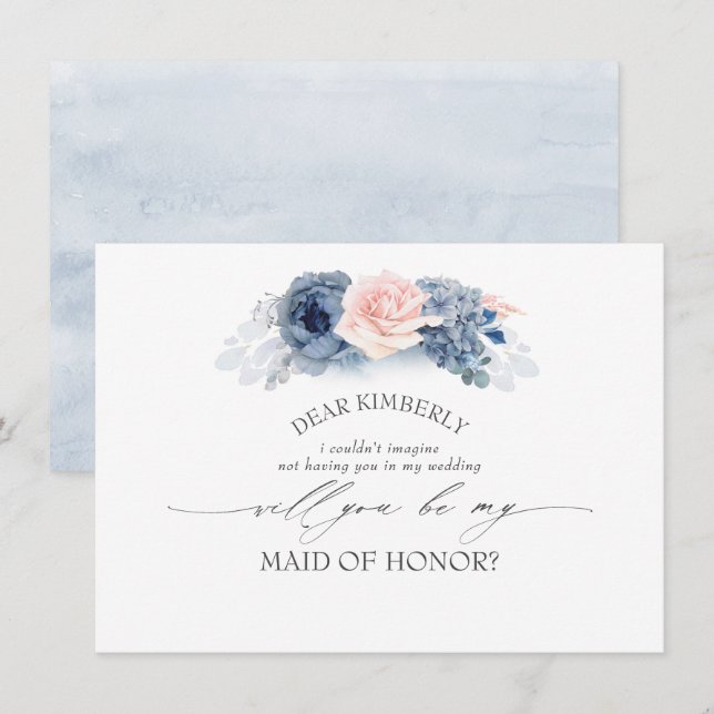 Blue Pink Floral Maid of Honor/Bridesmaid Proposal Invitation (Front/Back)