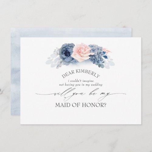 Blue Pink Floral Maid of HonorBridesmaid Proposal Invitation