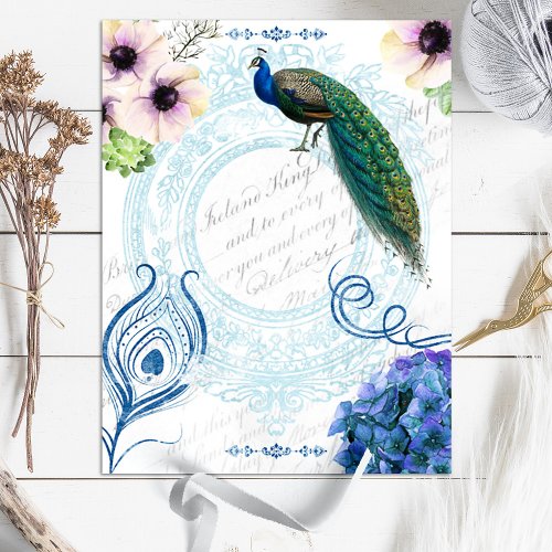 Blue  Pink Floral Peacock Scrapbook Paper