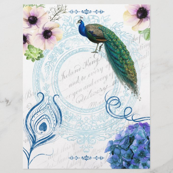 Blue Pink Floral Peacock Scrapbook Paper Zazzle Com