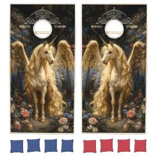 Blue Pink Floral Pegasus Fantasy Wedding Lawn Cornhole Set