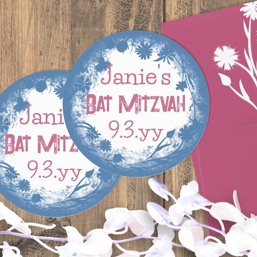 Blue Pink Floral Personalized Bat Mitzvah Stickers